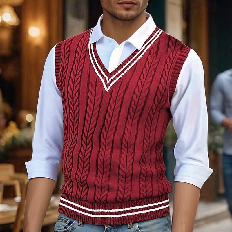 Chaleco de punto trenzado con cuello de pico para hombre