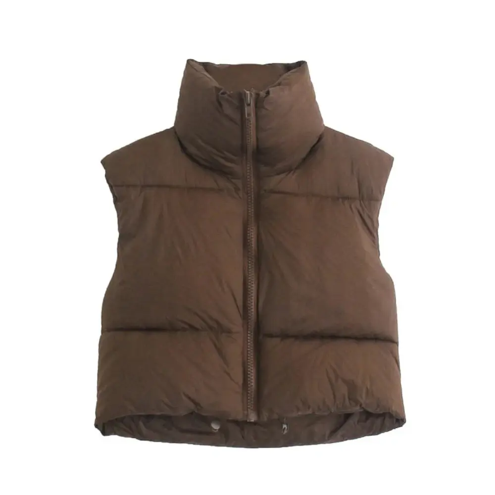 Cropped Puffer Vest for Women Brown
