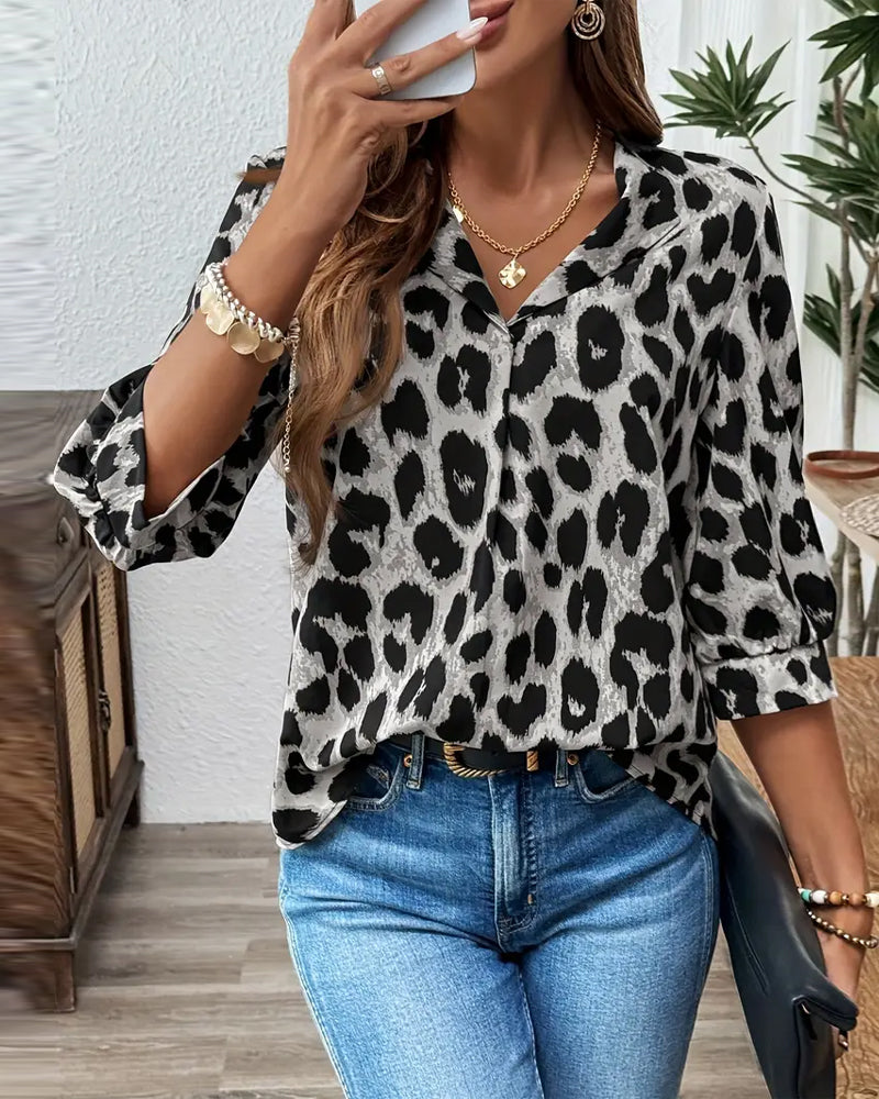 Womens Leopard Print Loose Blouse-MODAUTLET