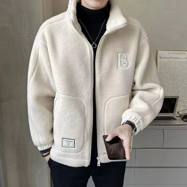 Faux Fur Zipper Jacket for Stylish Comfort Beige
