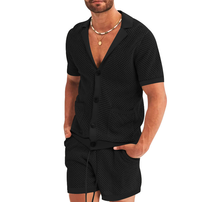 Men's Summer Hollow Short Sleeve Shirt And Shorts Set Black