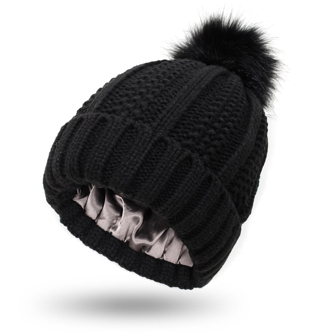 Gorro de punto elegante para mujer con pompón de piel sintética para invierno