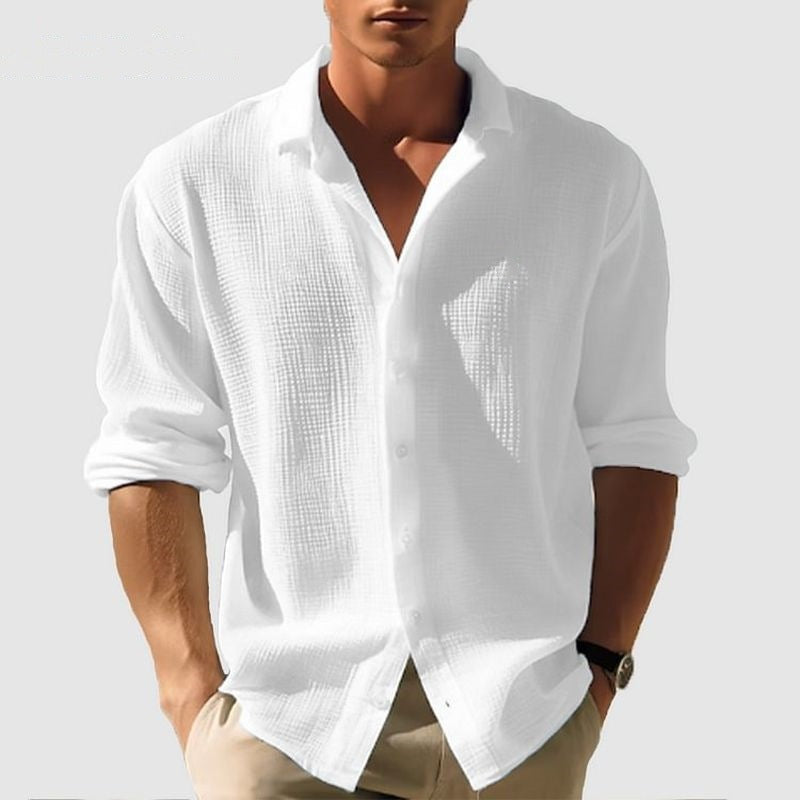 Mens Lapel Long Sleeve Shirt Solid Dress Casual Top-MODAUTLET