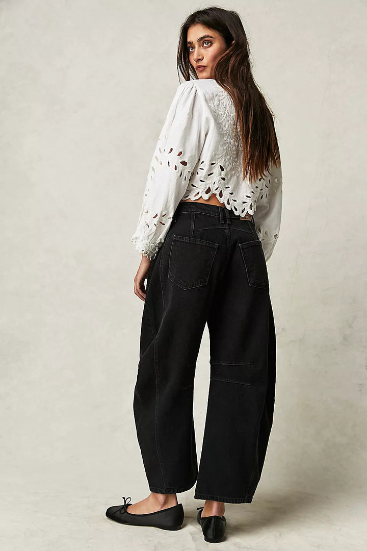 High-Stretch Mid-Rise Barrel Jeans-MODAUTLET