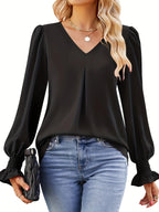 Women's Versatile V-Neck Pleated Top Black