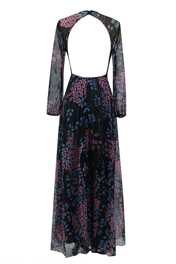 Vestido Maxi Boho Floral Preto para Mulher