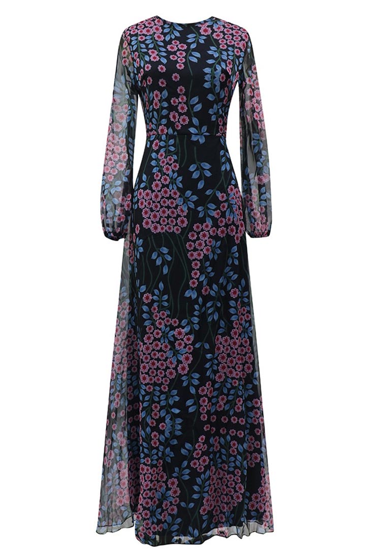 Vestido Maxi Boho Floral Preto para Mulher