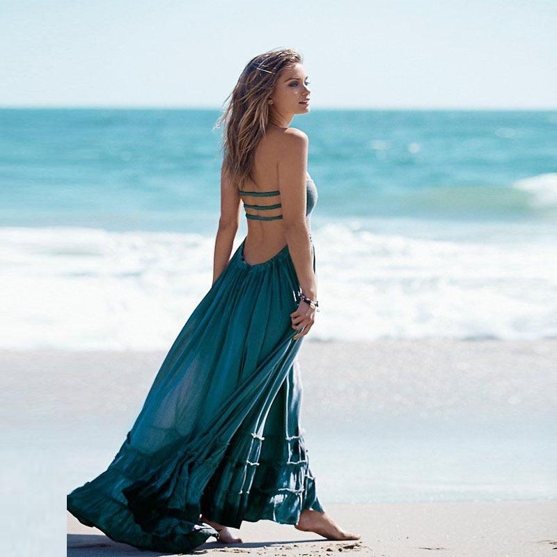 Women's Backless Halter Boho Maxi Dress