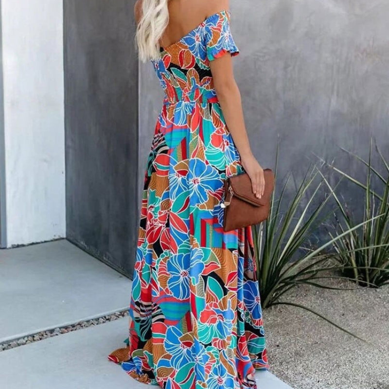 Vestido Maxi Boho Floral Ombros Descobertos para Mulher