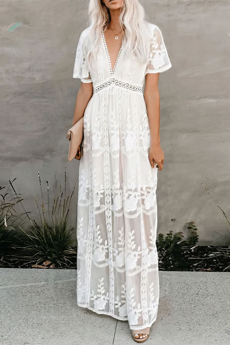 Women's White Lace Maxi Dress-MODAUTLET