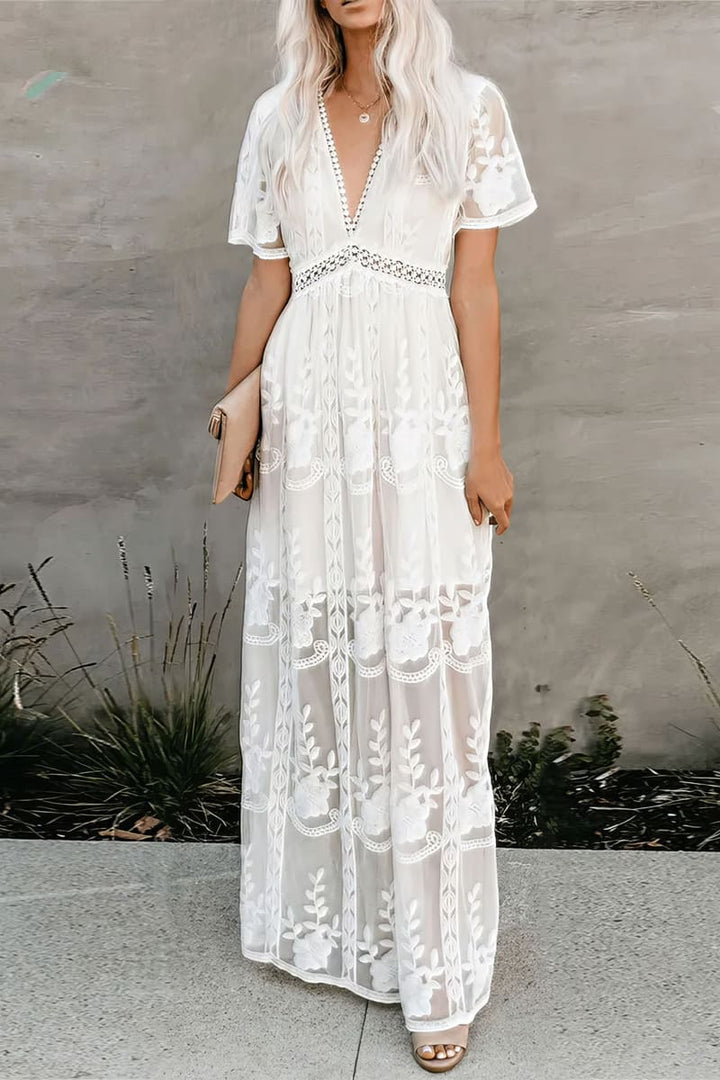 Women's White Lace Maxi Dress-MODAUTLET