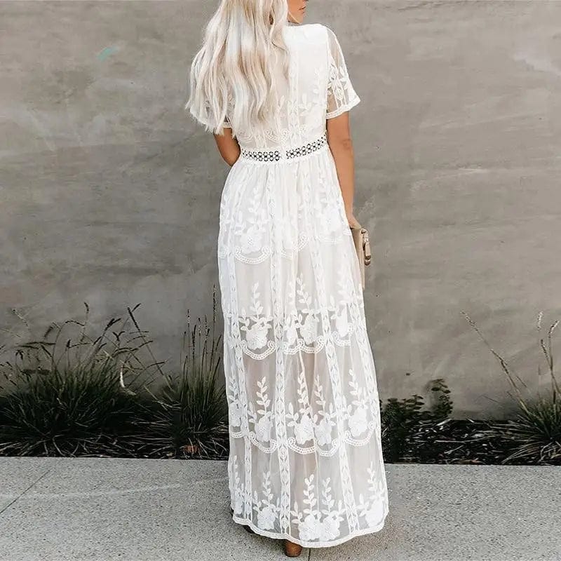 Women's White Short Sleeve Maxi Dress-MODAUTLET