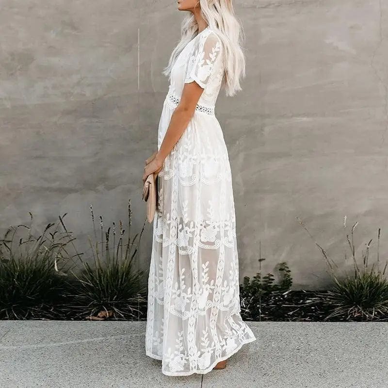 Women's White Short Sleeve Boho Maxi Dress