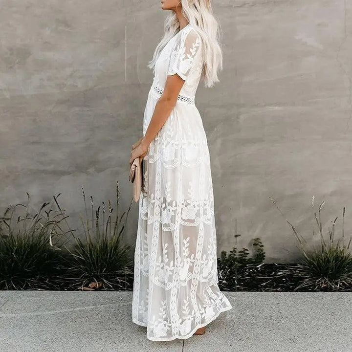 Women's White Short Sleeve Maxi Dress-MODAUTLET