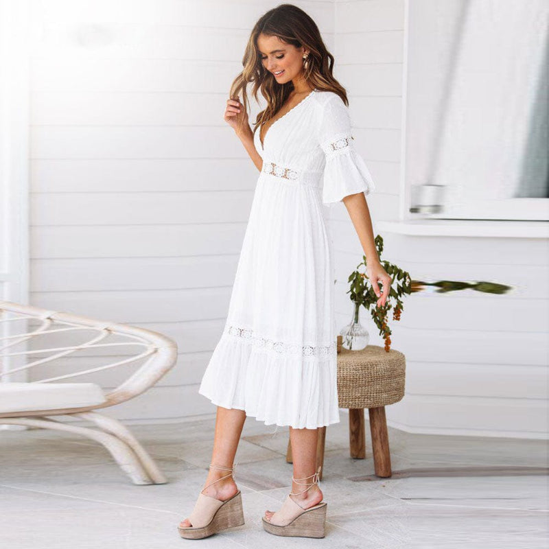 Women's Midi Dress in White-MODAUTLET