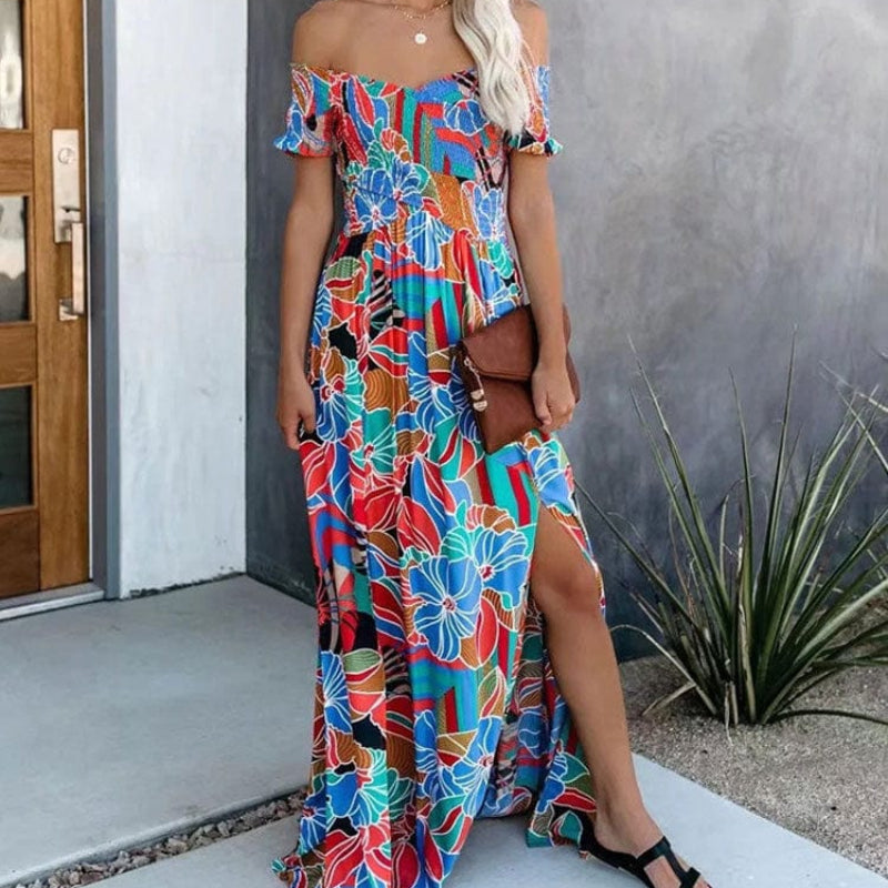 Kjole til kvinner med blomsterprint og avskåret skulder, maxi-length