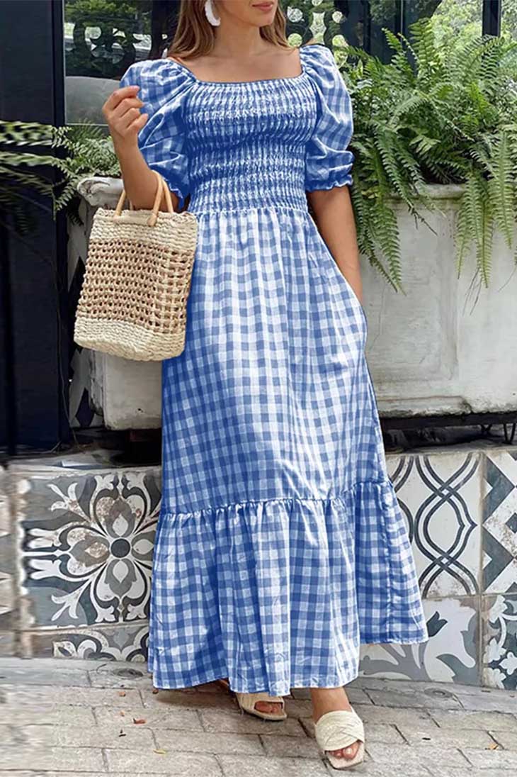 Robe maxi bohème à carreaux vichy pour femme avec encolure carrée