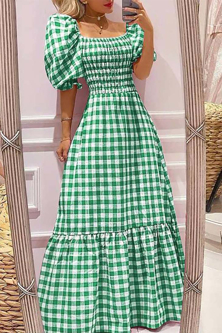 Robe maxi bohème à carreaux vichy pour femme avec encolure carrée