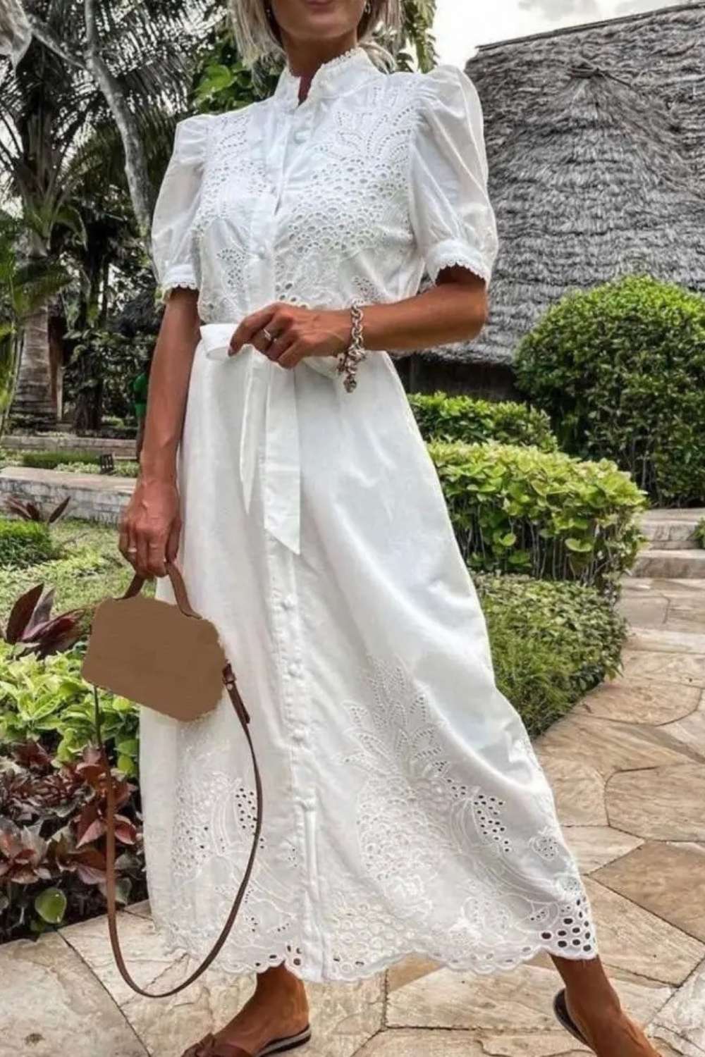 Women's White Maxi Dress with Button-Up Detail-MODAUTLET