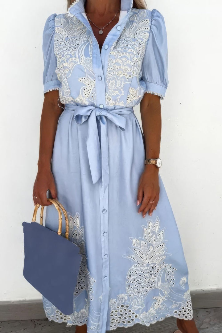 Women's White Maxi Dress with Button-Up Detail-MODAUTLET