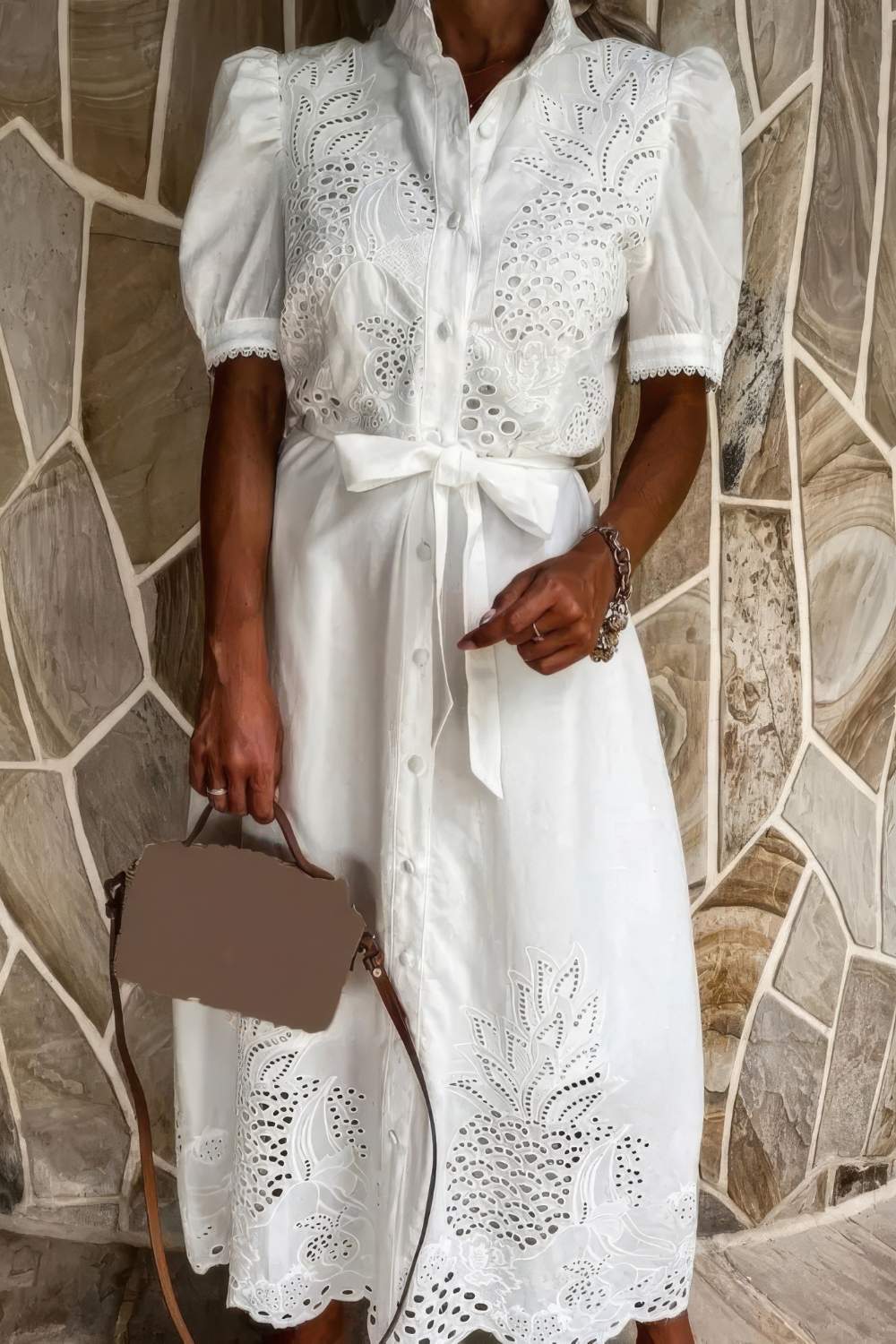 Women's White Maxi Dress with Button-Up Detail-MODAUTLET