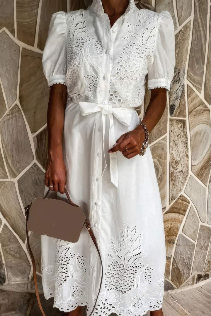 Women's White Maxi Dress with Button-Up Detail-MODAUTLET