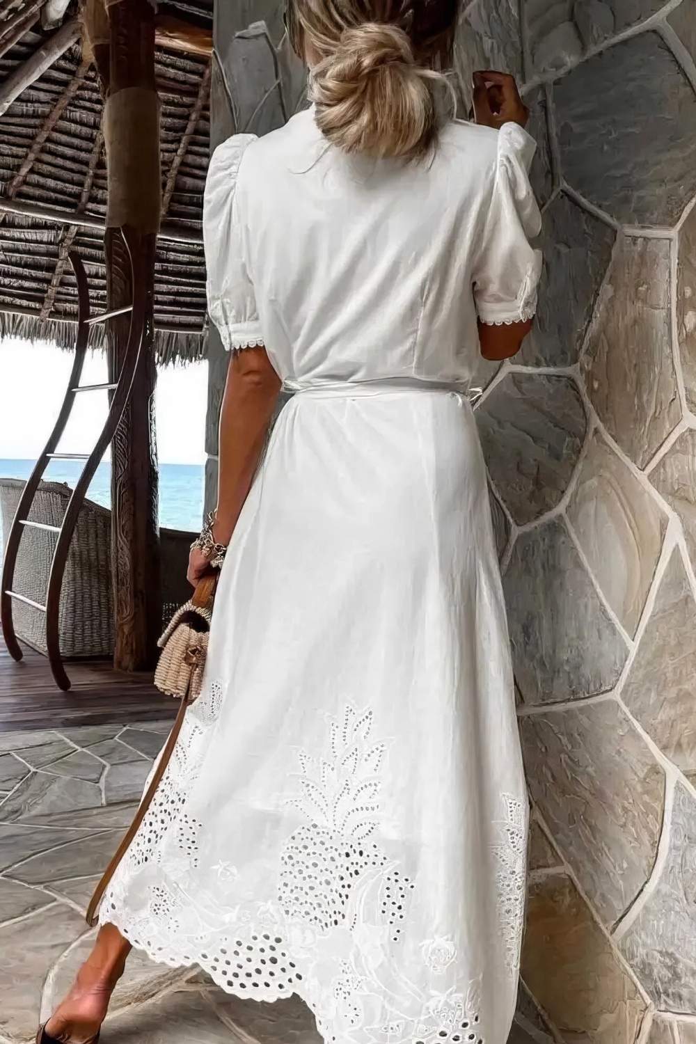 Women's White Maxi Dress with Button-Up Detail-MODAUTLET