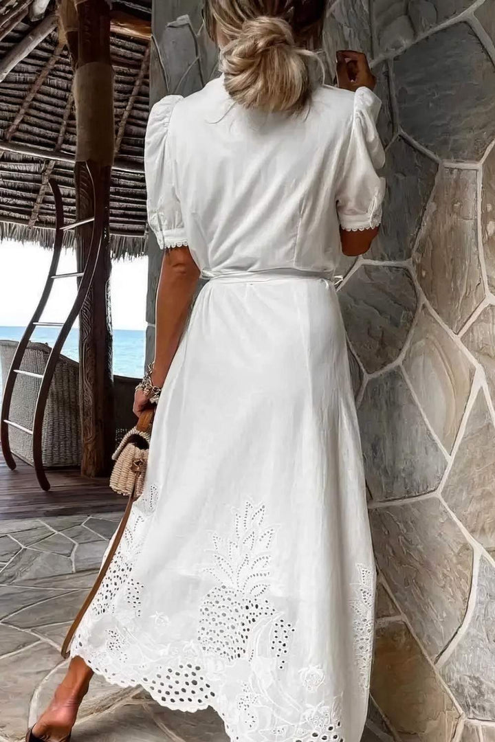 Women's White Maxi Dress with Button-Up Detail-MODAUTLET