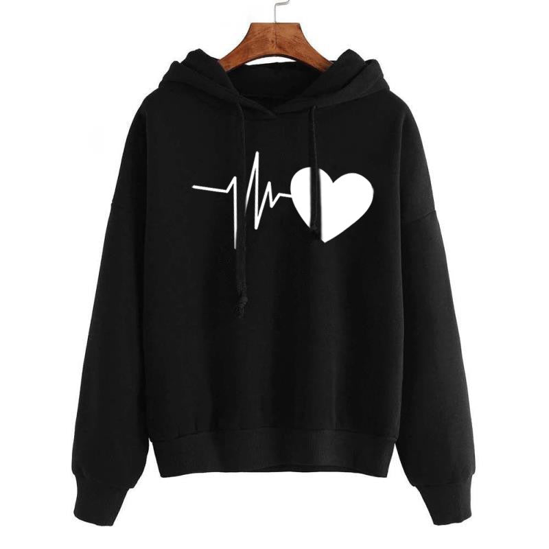 Heart Print Streetwear Hoodie Oversized Fleece Warmth Black