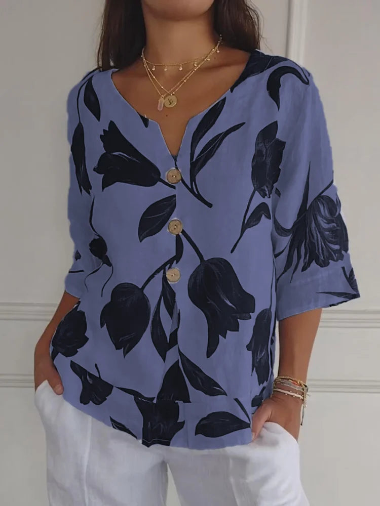 Women's Floral V-Neck Blouse Blue