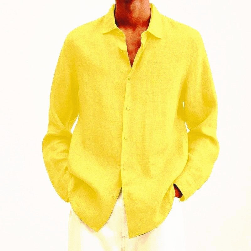 Breathable Linen Shirt For Men Lightweight Casual Style Yellow