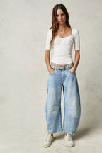 High-Stretch Mid-Rise Barrel Jeans Light Blue