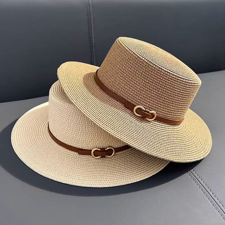 Chapéu de Palha Feminino Plano de Verão com Proteção UV para Uso à Beira-Mar