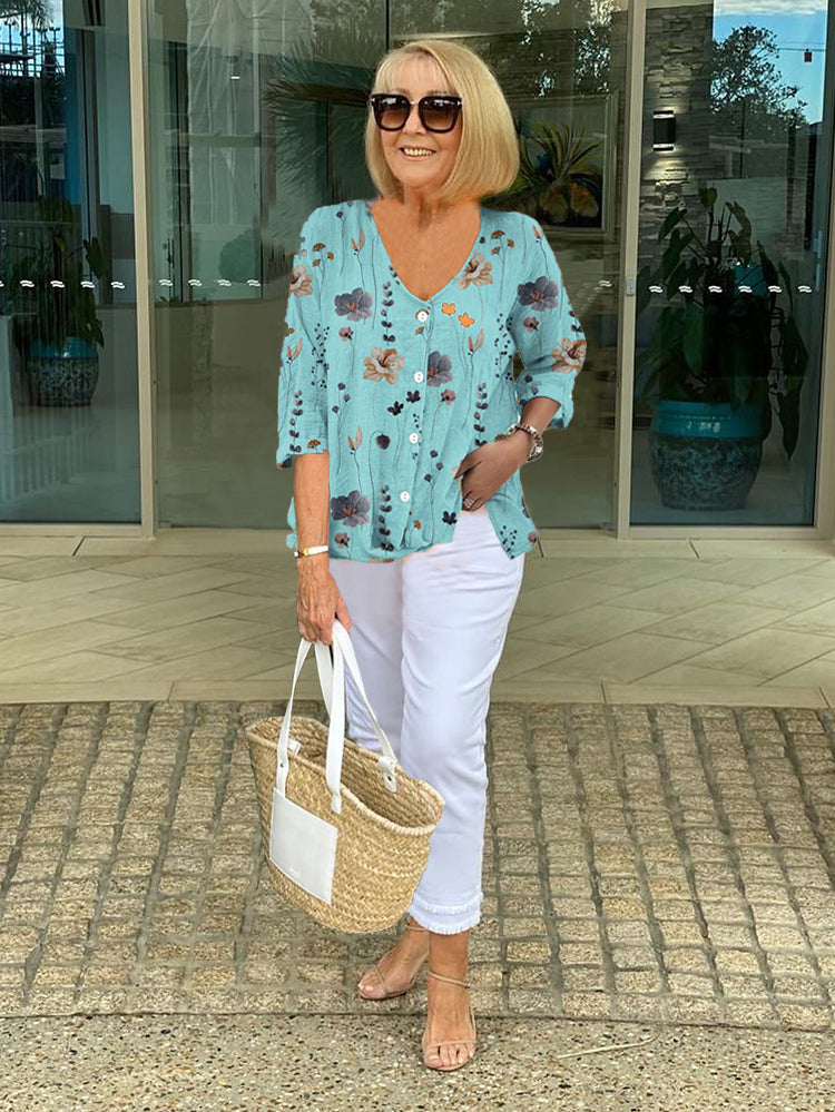 Women's Floral Vintage French Blouse Blue