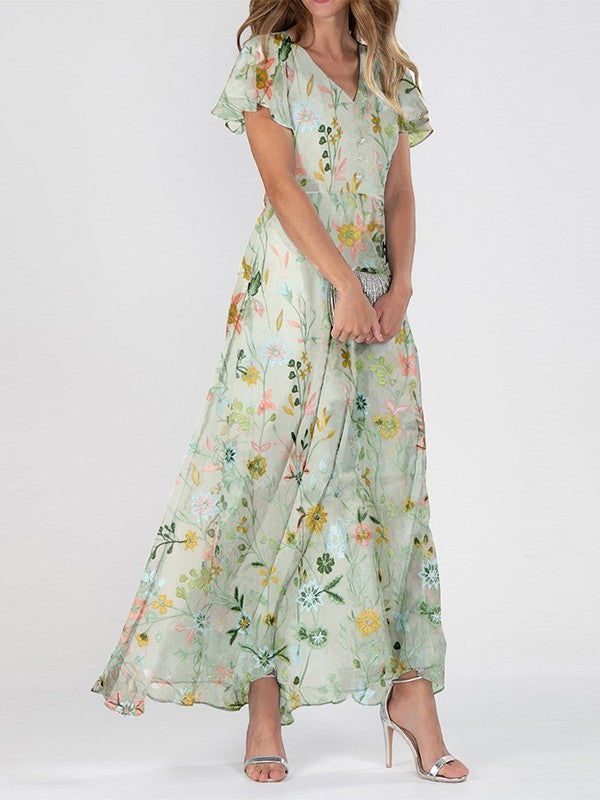 Peyton | Kvinders blomstrede maxi-kjole med V-hals til sommer