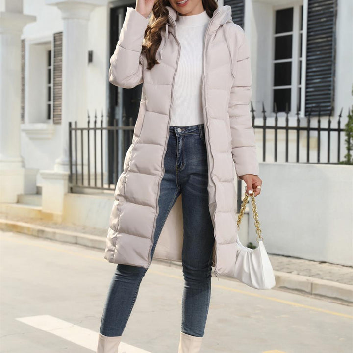 Chaqueta acolchada larga con capucha y cremallera para mujer