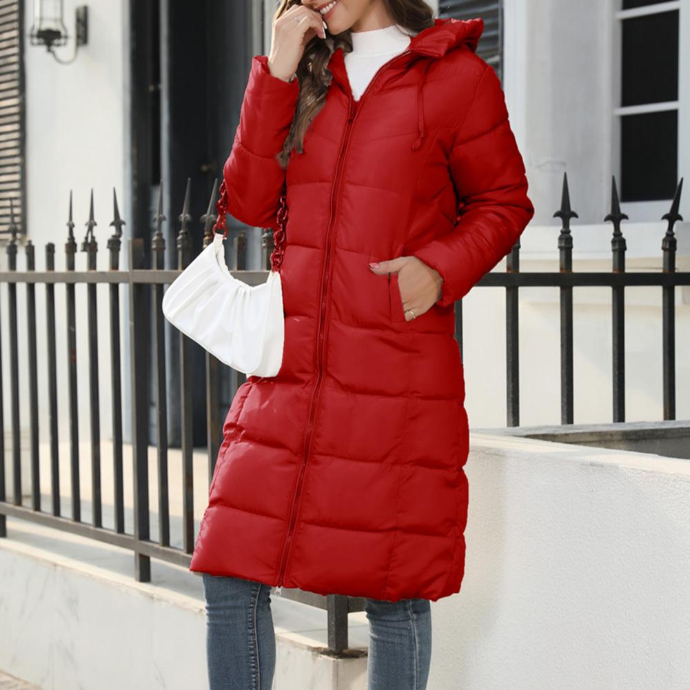 Chaqueta acolchada larga con capucha y cremallera para mujer
