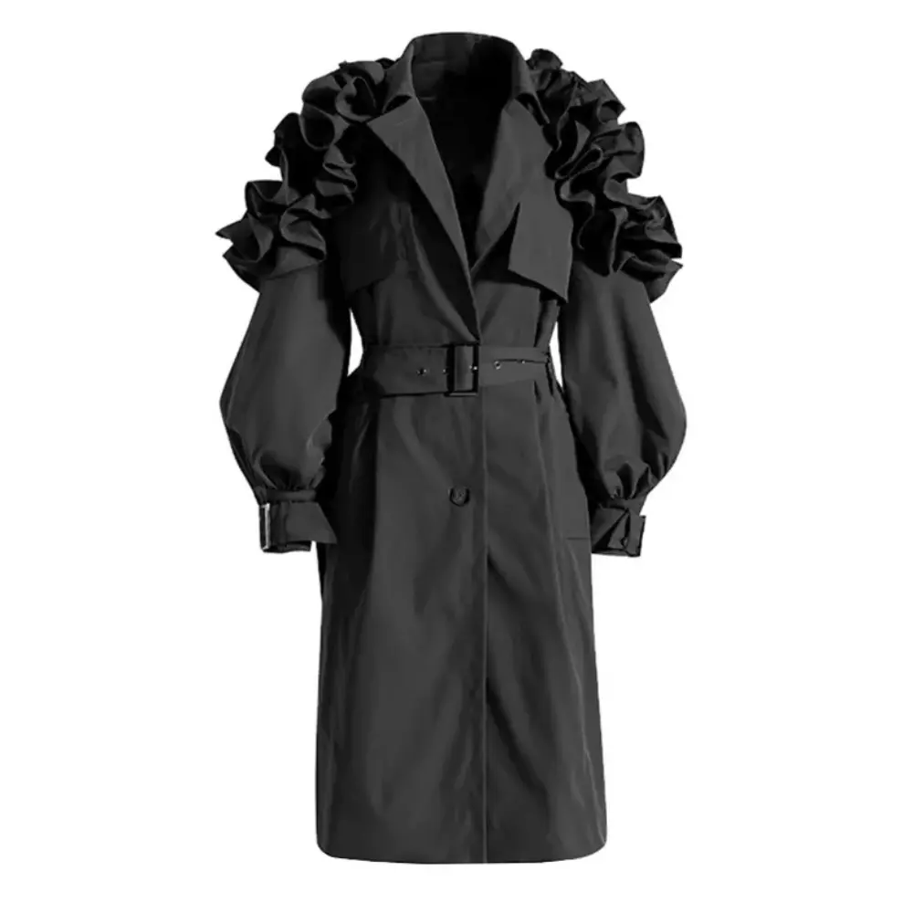 Ruffle Belted Coat for Stylish Elegance Black