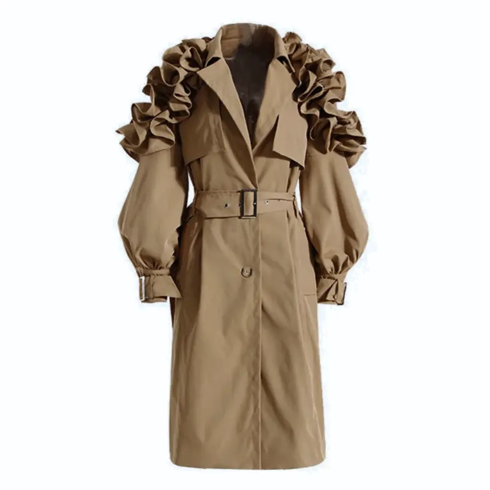 Ruffle Belted Coat for Stylish Elegance Khaki