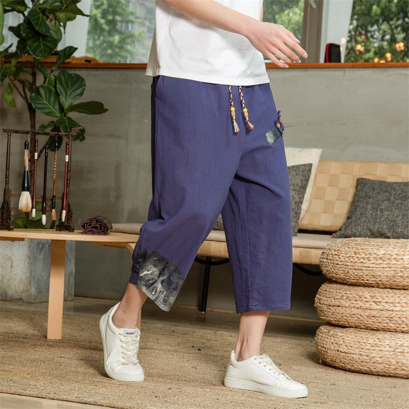 Men's Cropped Relaxed Drawstring Pants - Handcrafted Comfort Fit Navy Blue