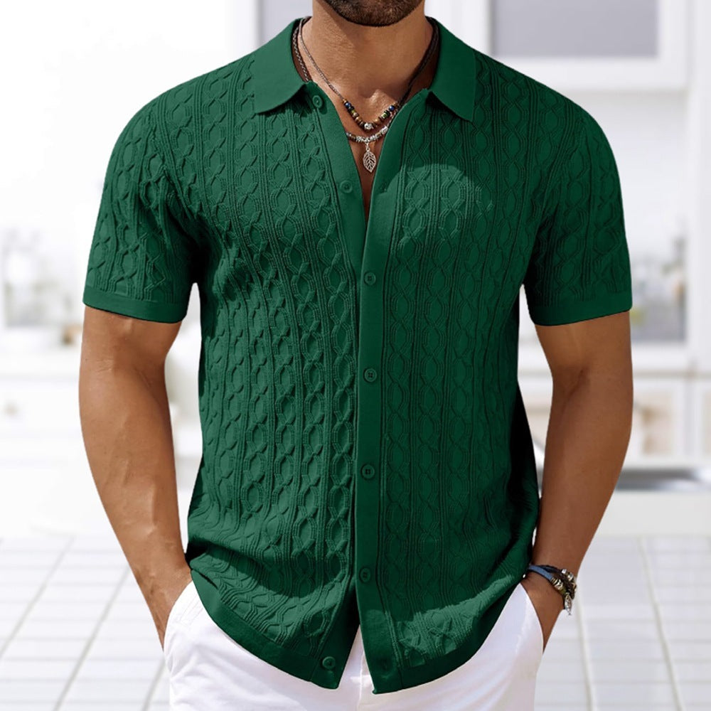 Effortless Knitted Polo Shirt With Subtle Wave Pattern Green