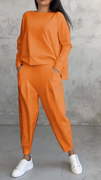 Women's Irregular Long-Sleeve Top & Harem Pants Set Orange Red