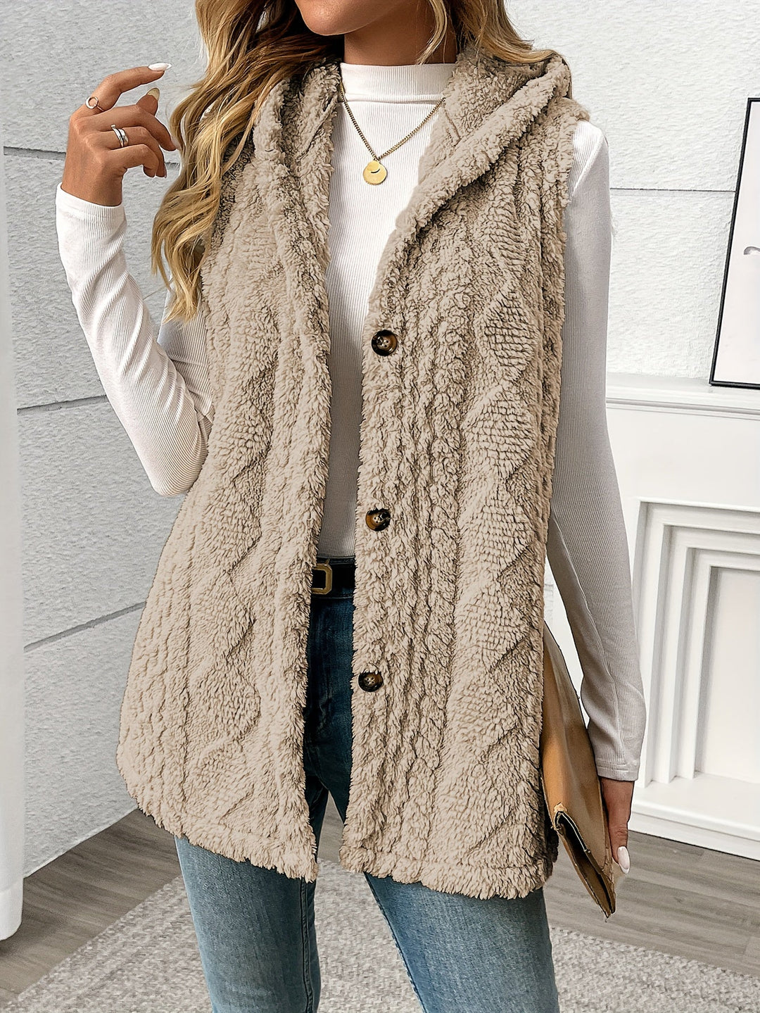 Gilet douillet sans manches à capuche pour femme