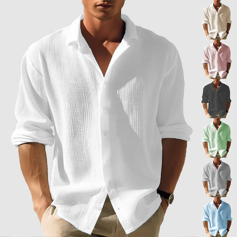 Mens Lapel Long Sleeve Shirt Solid Dress Casual Top-MODAUTLET