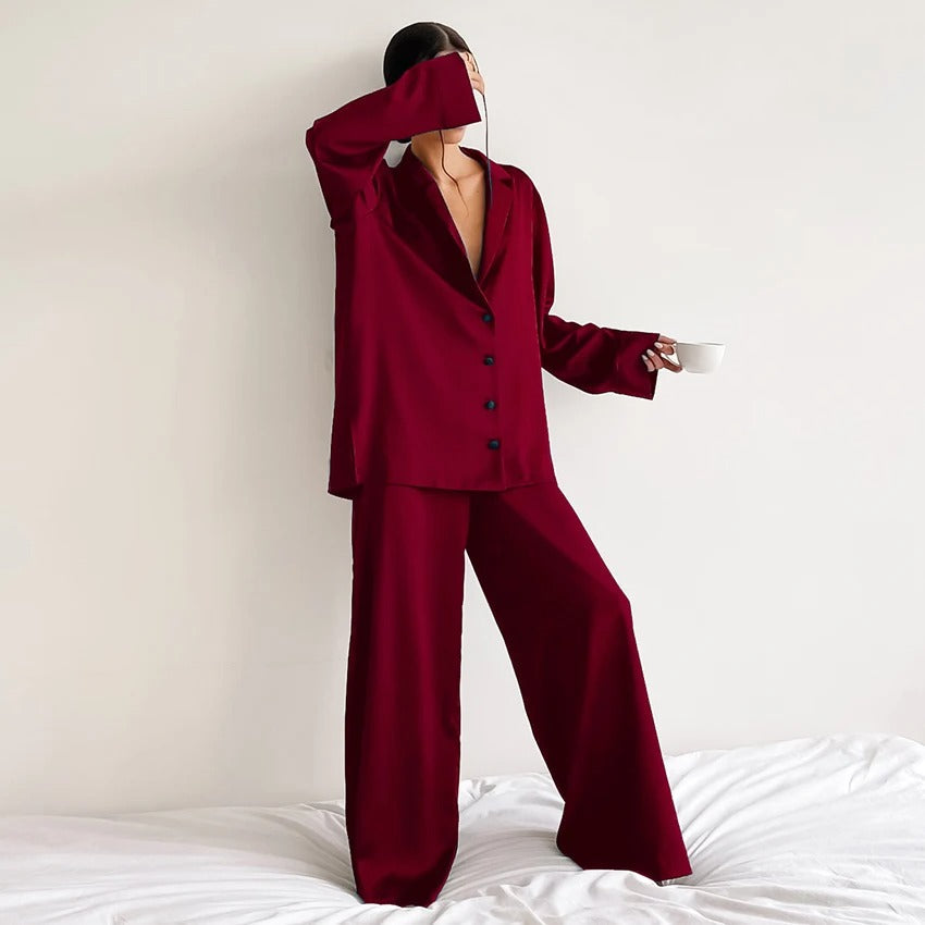 Ultra-Luxe Women’s Silk Wide-Leg Pajama Set Bourgondy