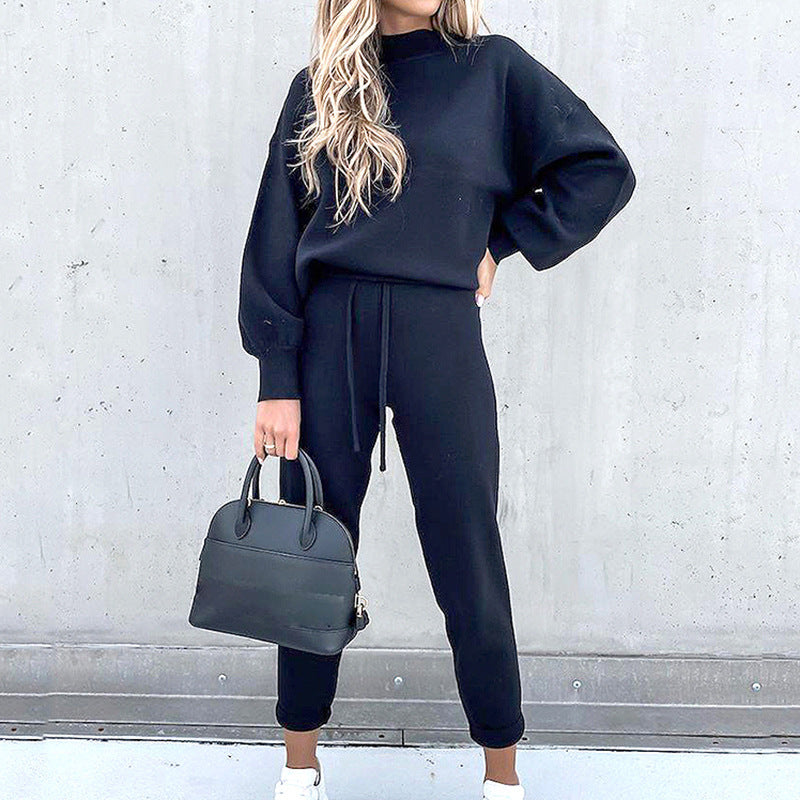 Cozy Oversized Mock Neck Sweatshirt & Relaxed Jogger Pants Set for Women Blue