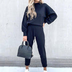 Cozy Oversized Mock Neck Sweatshirt & Relaxed Jogger Pants Set for Women Blue