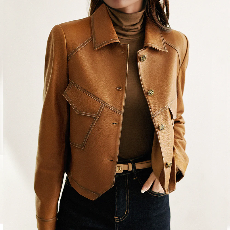 Vintage Leather Jacket For Women Genuine Cowhide Fashion