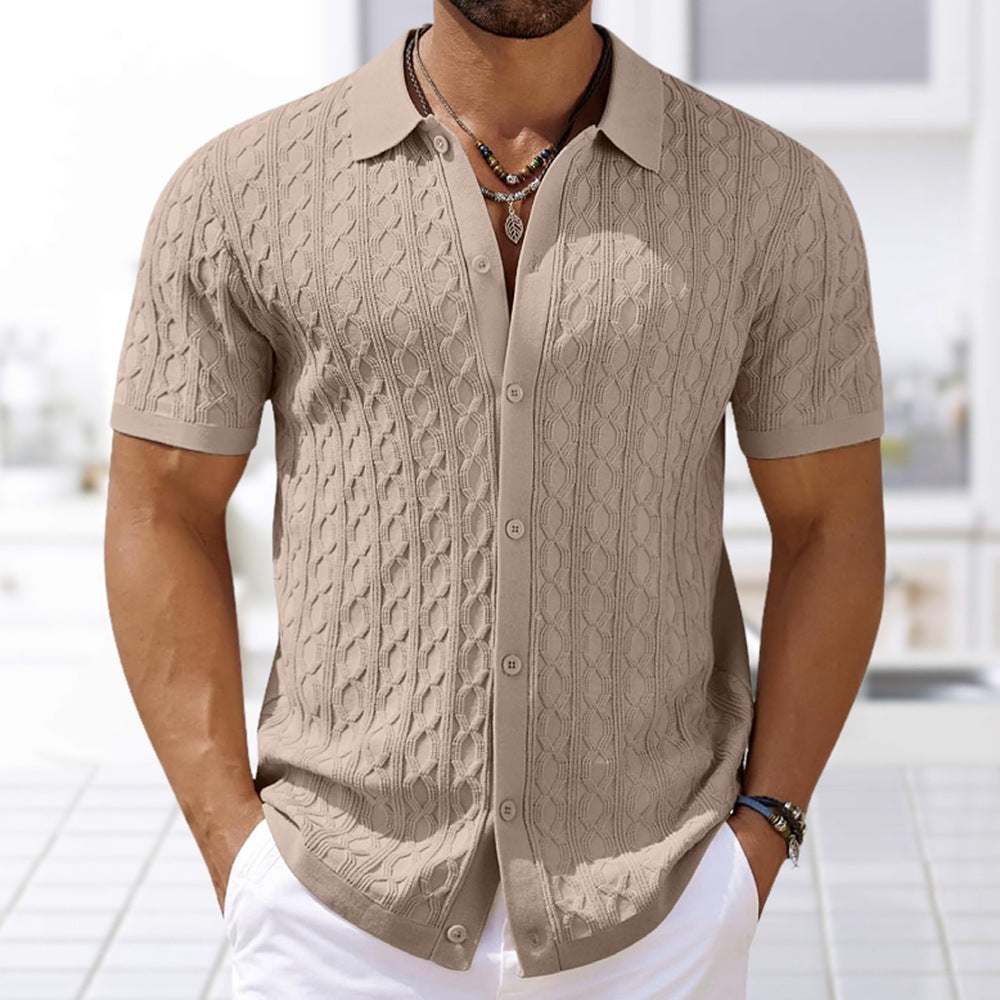 Effortless Knitted Polo Shirt With Subtle Wave Pattern Khaki