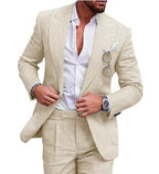 Mens Linen Suit Slim Fit 2 Piece Set Blazer Pants Summer Beige